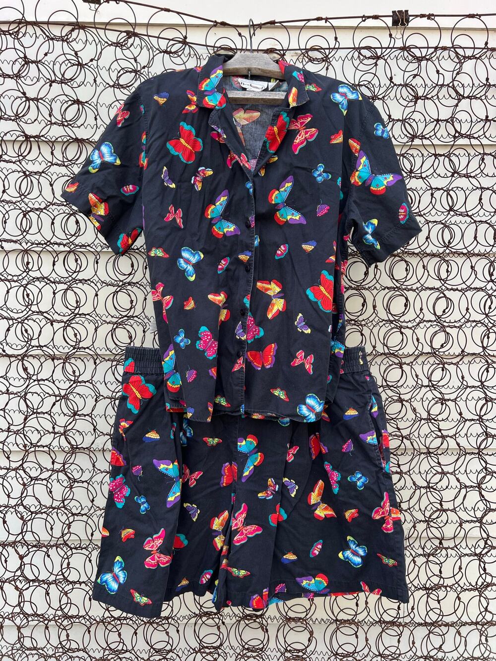 VTG Bechamel Butterfly All Over Print Button Up Blouse and Shorts Set Cotton 1X